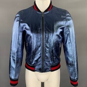 GUCCI Size 36 Blue Metallic Stripe Leather Bomber Jacket